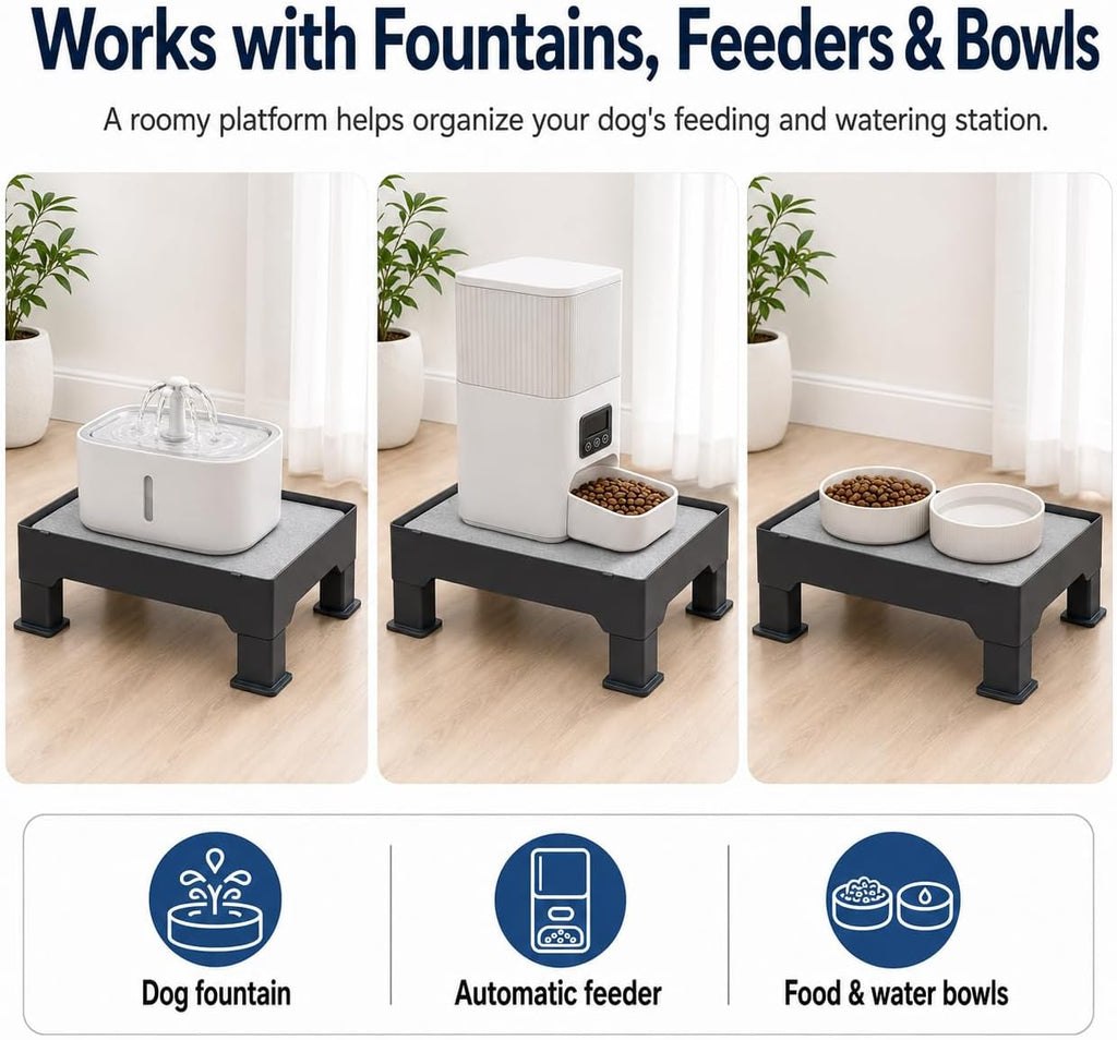 Raised Dog Fountain Stand with Absorbent Diatomite Mat, Adjustable 3.5" & 6" Dog Water Bowl Stand, Helps Keep Floors