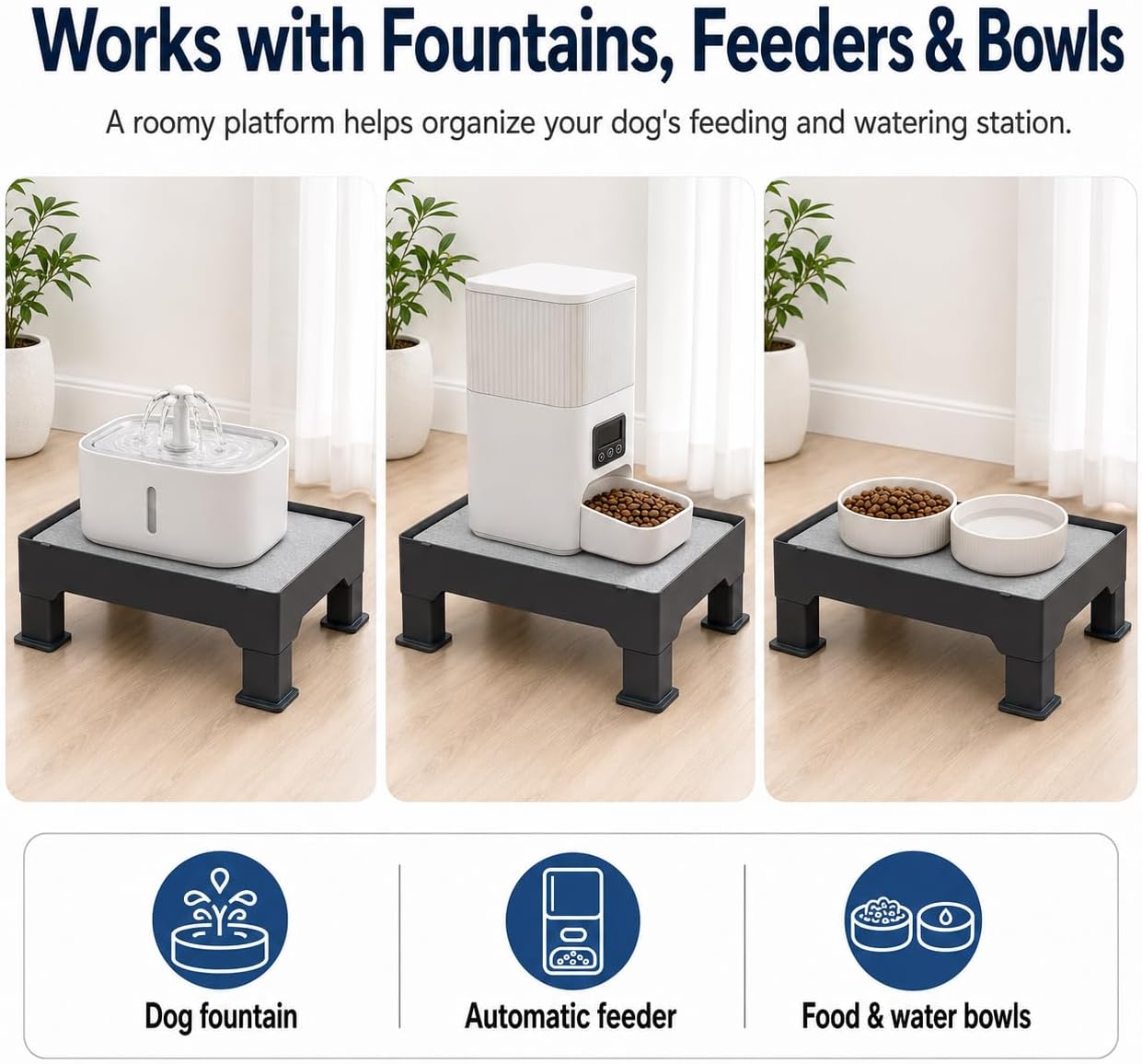 Raised Dog Fountain Stand with Absorbent Diatomite Mat, Adjustable 3.5" & 6" Dog Water Bowl Stand, Helps Keep Floors