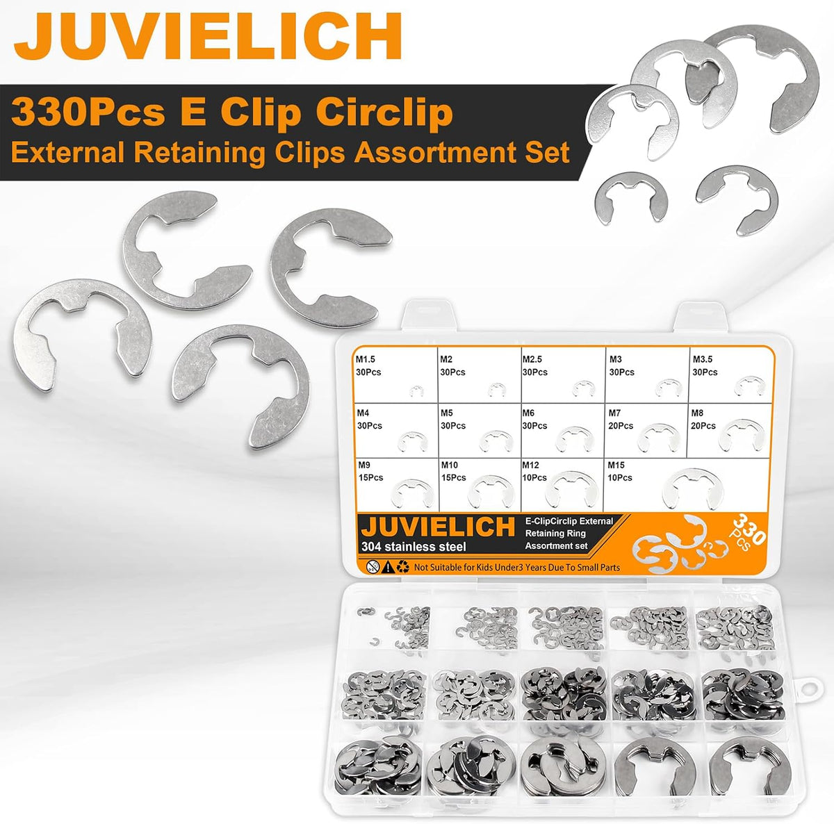 330Pcs E Clips Assortment Kit (M1.5-M15), 304 Stainless Steel
