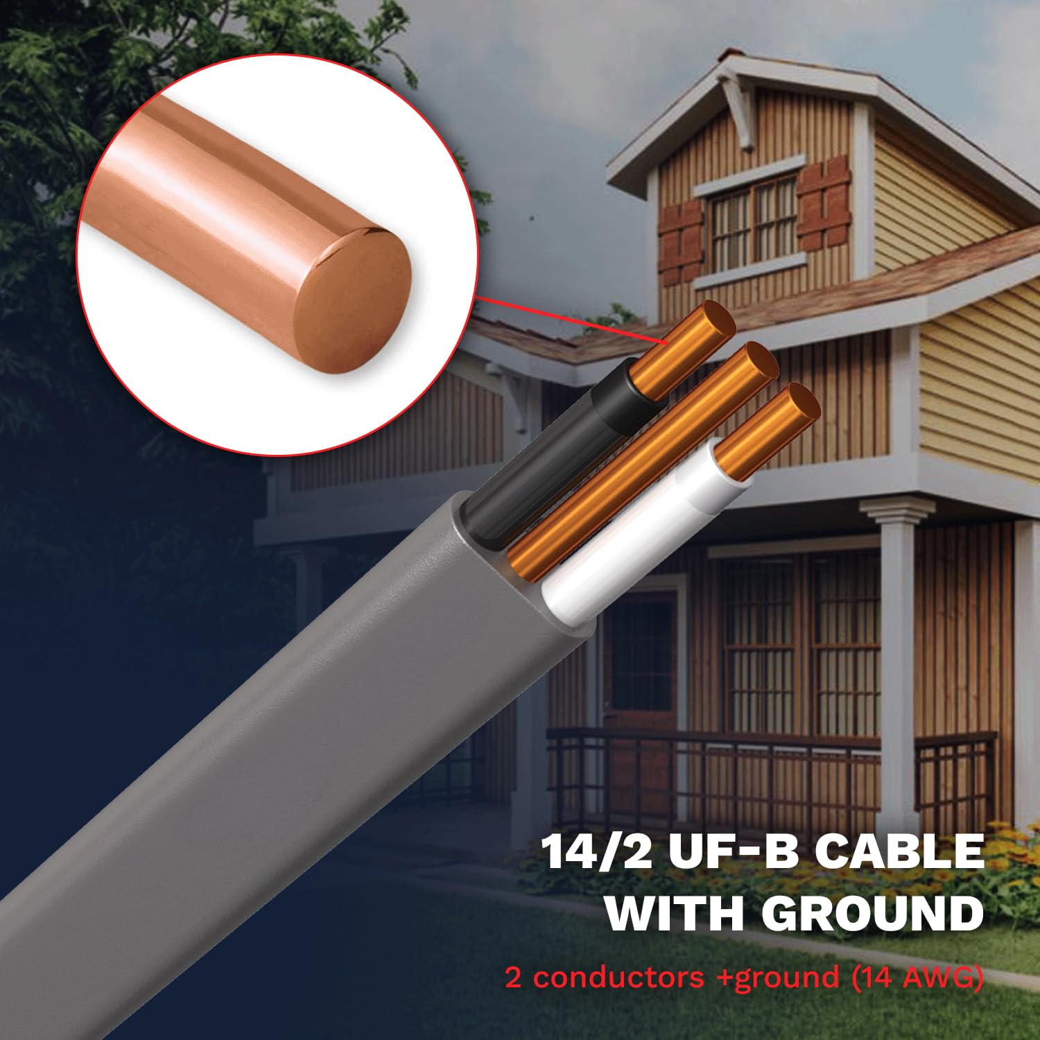 14/2 UF-B Copper Wire 14 Gauge Outdoor Direct Burial Electrical Underground Cable 14AWG 2 Connector Insulated Jacket