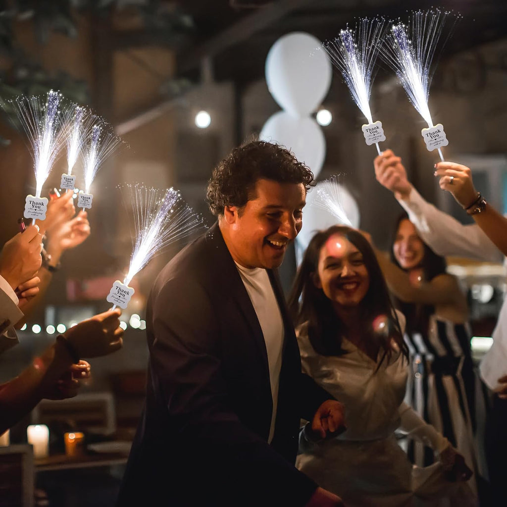 100 Pcs White Wedding Light up Sticks LED Sparklers Thank You Fiber Optic Glow Wands with 3 Mode for Send off
