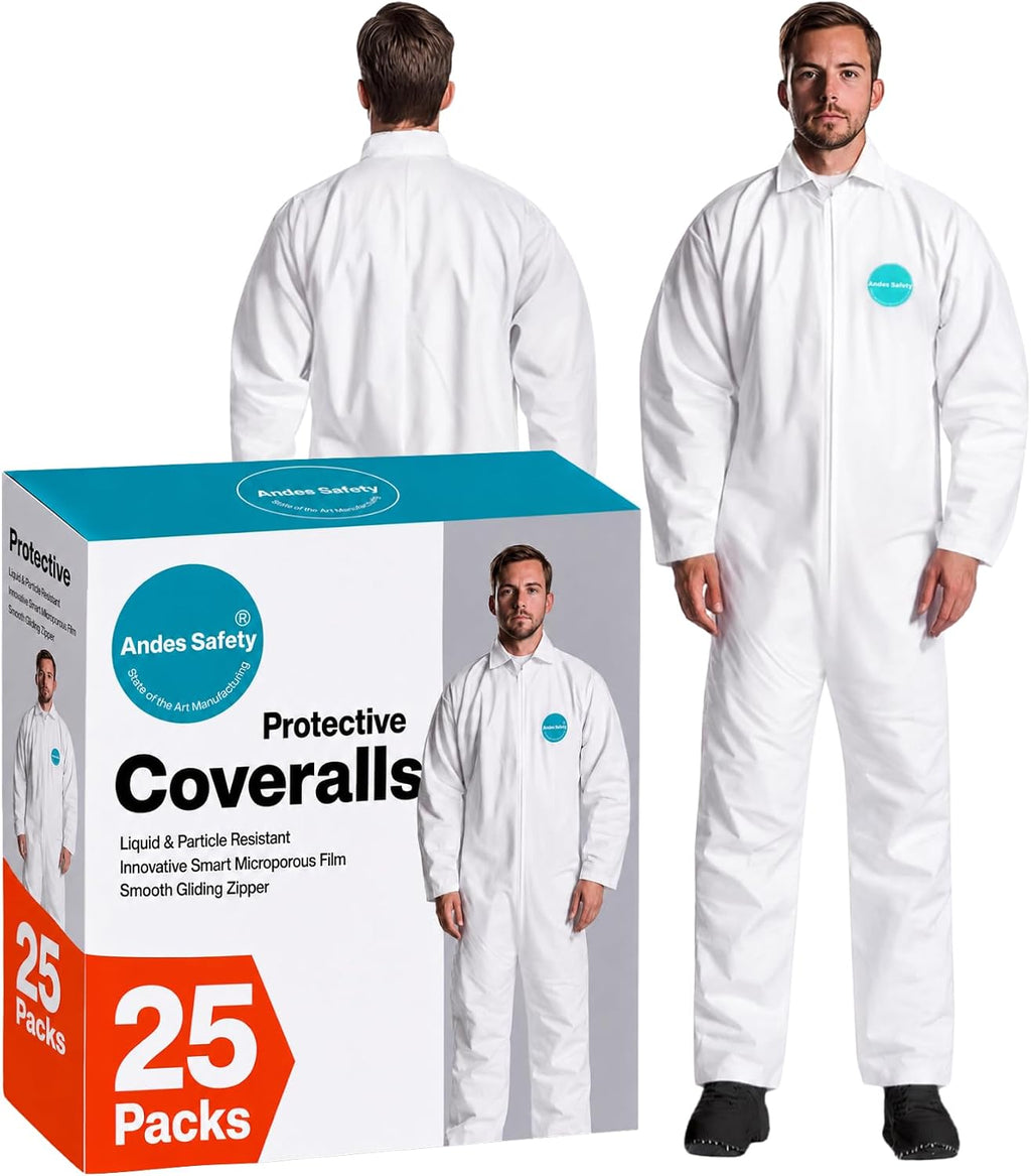 Andes 25 Hazmat Suits, Heavy Duty Paint Suits, Disposable Protective Lab Coveralls with Collar, Non-Elastic Wrists