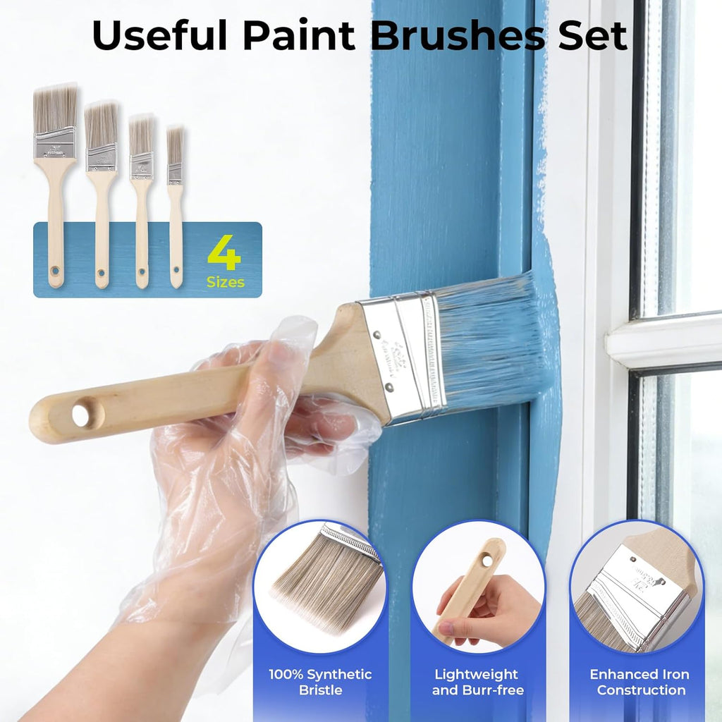 34PCS Paint Roller Kit with 2 to 4 Ft Extension Pole, 4" & 9" Paint Rollers with 11'' Tray, Paint Brushes, Painting