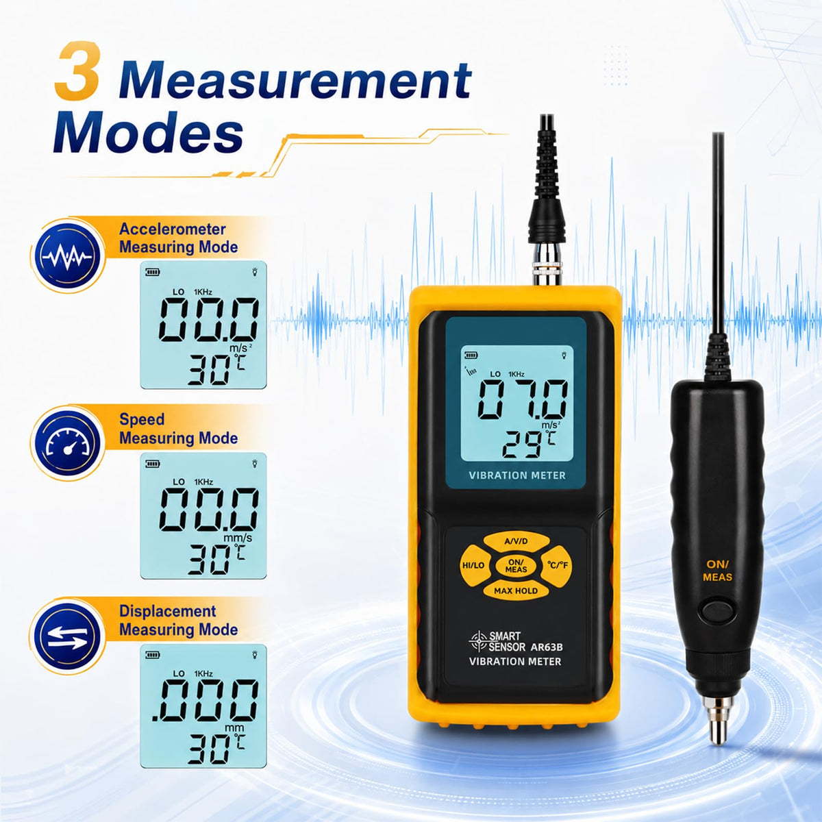 AR63B 3-in-1 Digital Vibration Meter Vibrometer