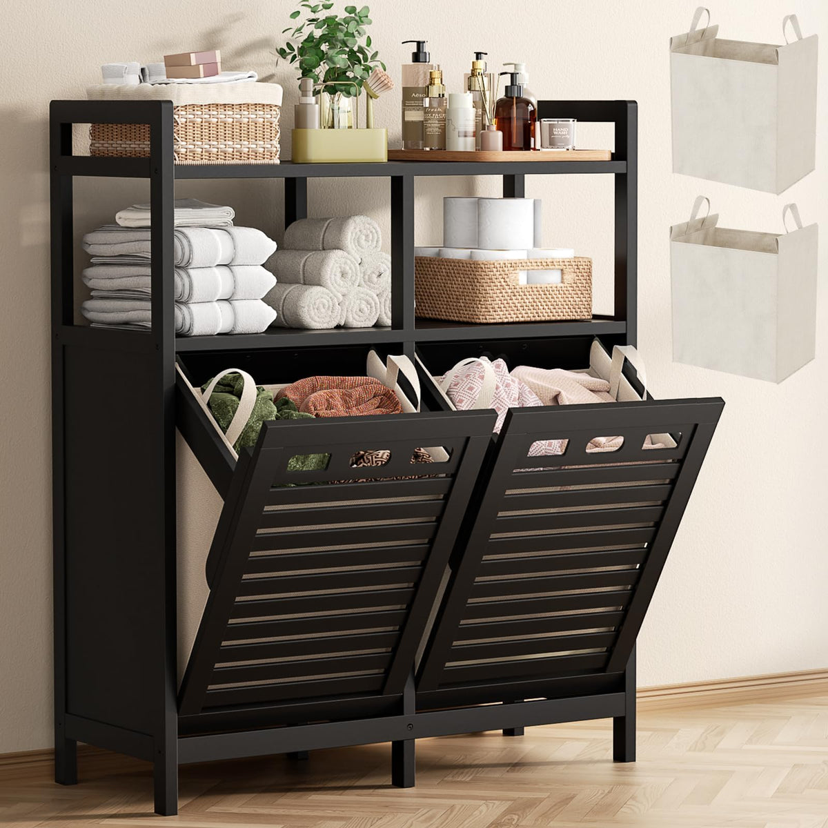 Bamboo Double Tilt Out Laundry Hamper Cabinet with 2 Bags, Black