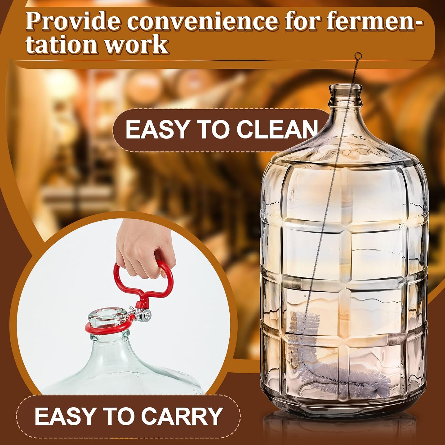 6 Gallon Glass Carboy Set, 6 gallon glass water jug with Drilled & Undrilled Rubber Stoppers, Bubble Airlock, Handle