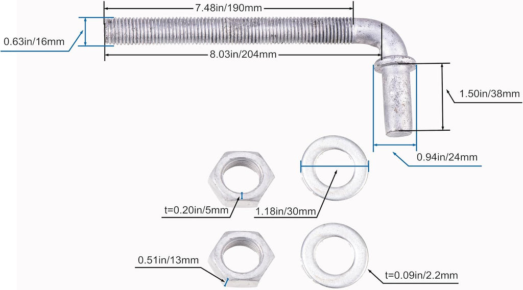 J-Bolt Post Hinge with 5/8" Hinge Pin Galvanized Post Gate Hinge for Chain Link Fence, Washers & Nuts Included (8" (2