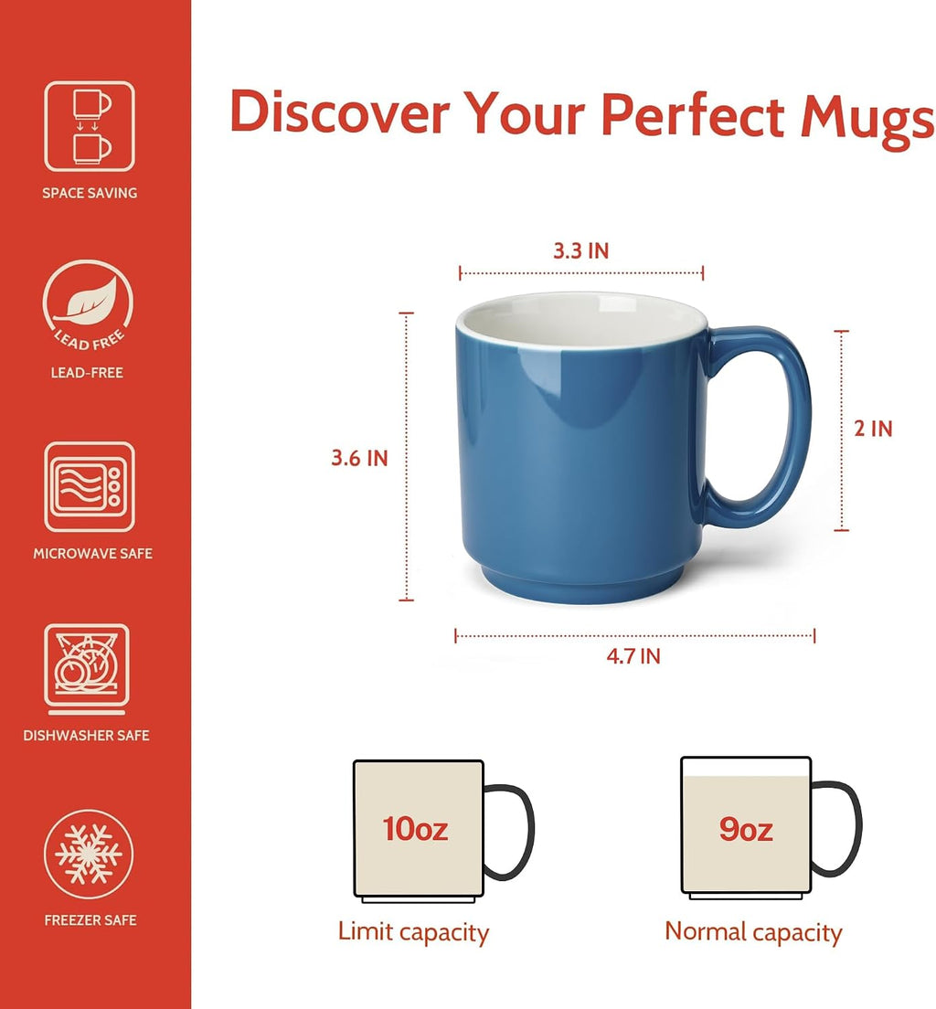 Stackable Coffee Mugs - 10 Oz Porcelain Cups for Specialty Coffee Drinks, Cappuccino, Cafe Mocha, Latte and tea, Set