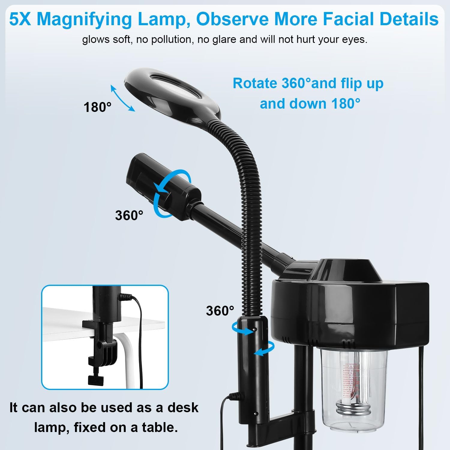 2 in 1 Facial Steamer Professional Ionic Face Steamer with 5X Magnifying Lamp&Adjustable Hot Mist Nozzle, Esthetician