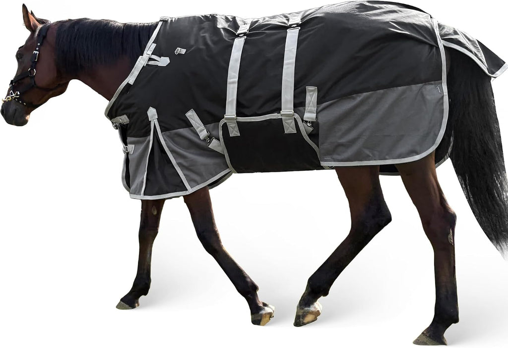 1200D Turnout Horse Blanket with Belly Wrap, Black/Gray, 72IN