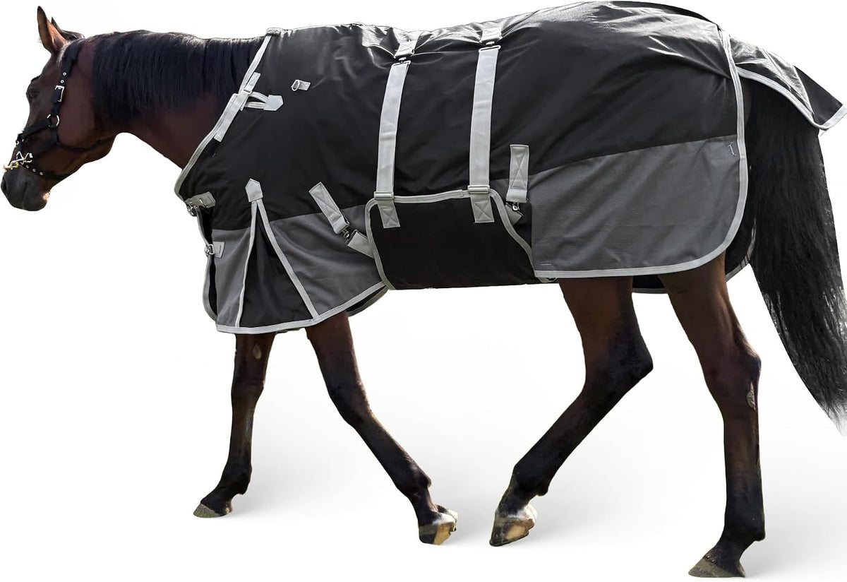 1200D Turnout Horse Blanket with Belly Wrap, Black/Gray, 72IN