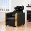 Shampoo Bowl and Chair Set for Salon, Tilting Ceramic Basin, PVC Leather, Gold Legs, Complete Plumbing Kit
