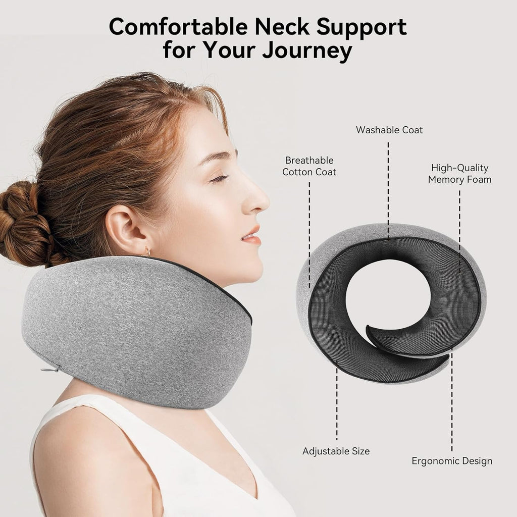 Travel Pillow, Memory Foam Neck Pillow with Ergonomic 360° Support, Travel Neck Pillow for Airplanes, Compact Design