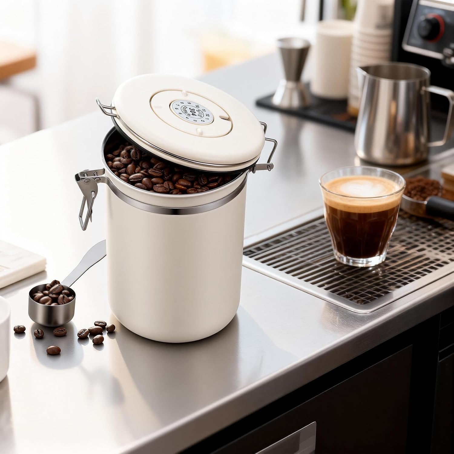 22OZ Airtight Stainless Steel Coffee Canister with Date Tracker | With Measuring Scoop, Food Grade Safe, For Coffee