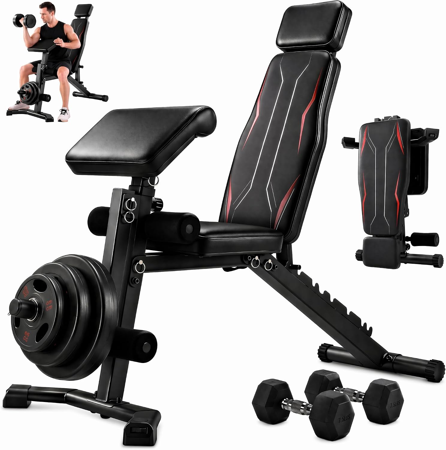 Adjustable Weight Bench with Leg Extension and Preacher Curl Pad | Foldable Workout Bench, 10 Positions Incline