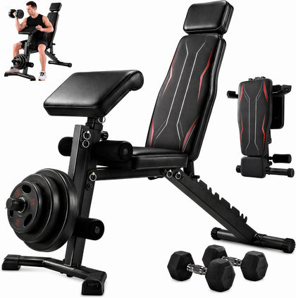 Adjustable Weight Bench with Leg Extension and Preacher Curl Pad | Foldable Workout Bench, 10 Positions Incline
