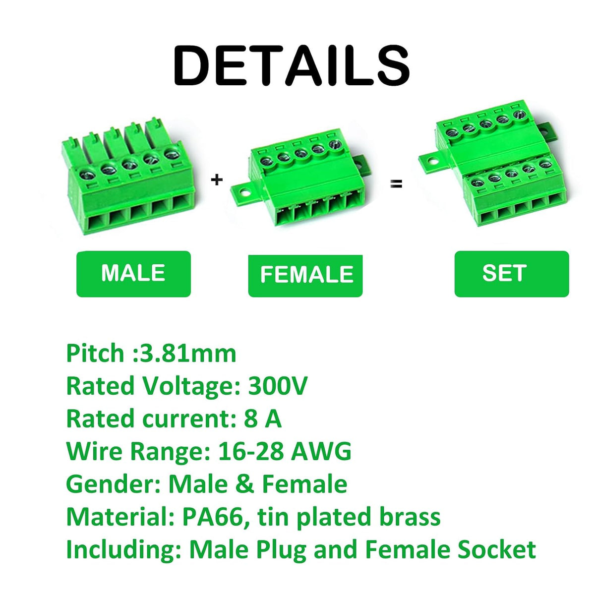 2 Set 8 Pin 3.81mm Pitch Panel Mount Screw Terminal Block Connector - Phoenix Type Connector - 8A, 300V, 16-28AWG