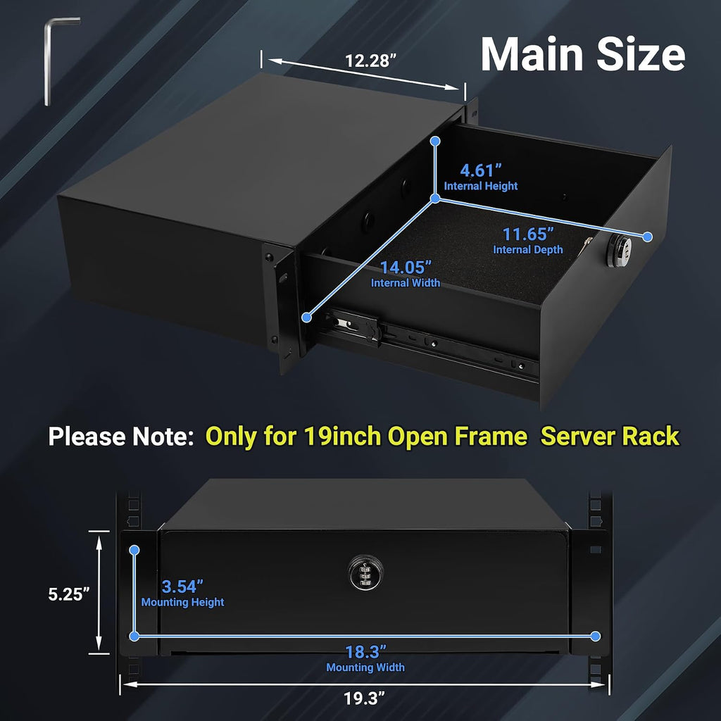 3U Rack Mount Drawer, Server Rack Drawer w/Combination Lock