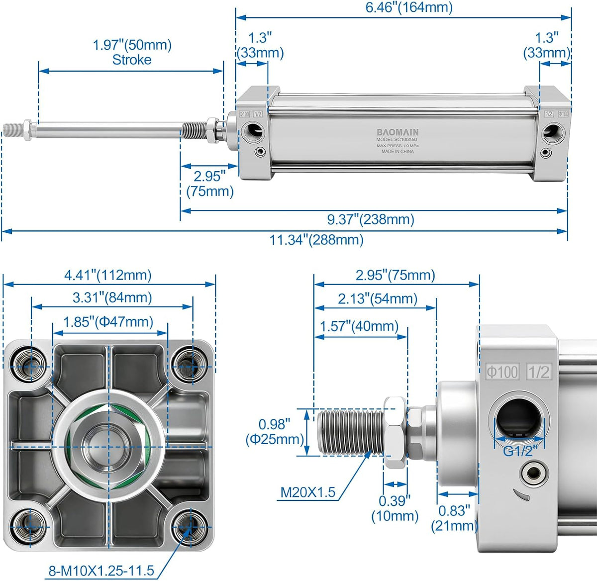 BAOMAIN Pneumatic Air Cylinder 4" Bore 2" Stroke SC100x50