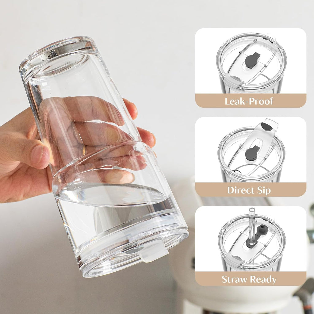 20 oz Clear Glass Cup with Lid and Glass Straw, Set of 2 Thickened Glass Coffee Tumblers, Drinking Glasses with Straw