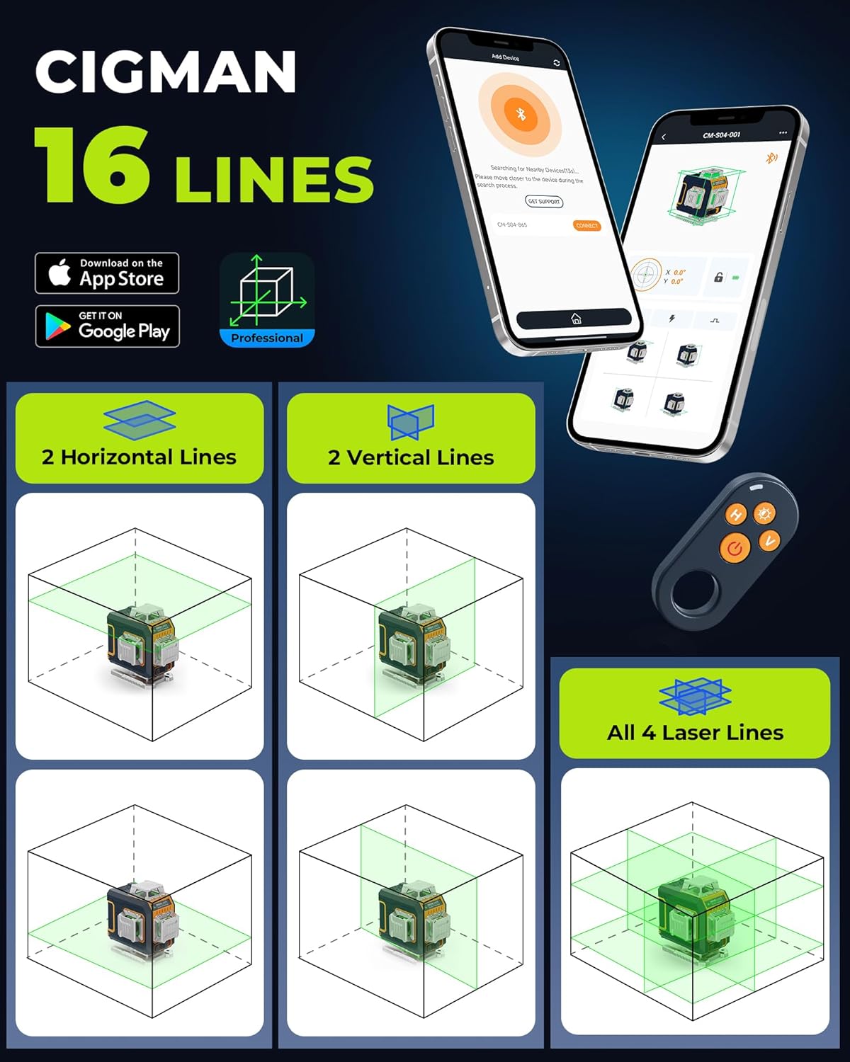 16 Lines Green Laser Level 4×360° Self Leveling, Side LCD, Bluetooth App Remote, Pulse Mode for Receiver, 2×Li-ion
