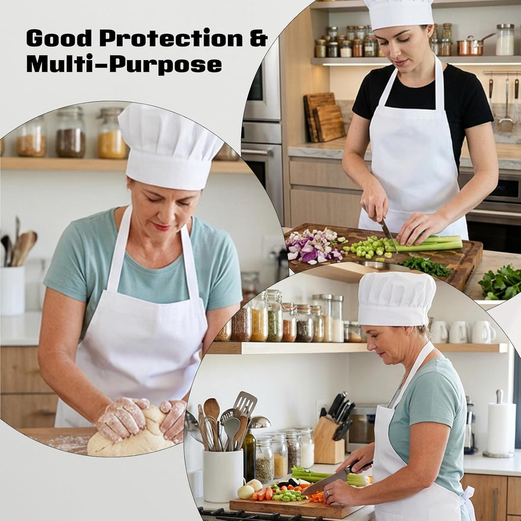 Hecila Chef Hat and Apron Set Adjustable Kitchen Cooking Bib Aprons with 2 Pockets Chef Hat with Butcher Cap Costume