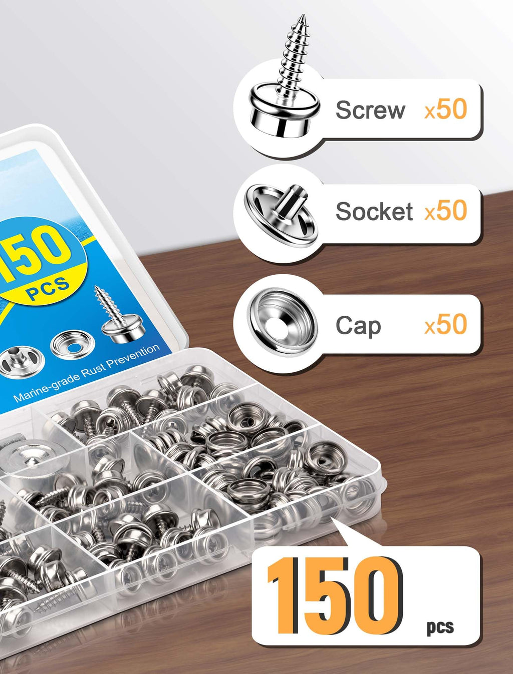 150PCS Canvas Snap Button Kit, 3/8" Socket, 304 Stainless Steel