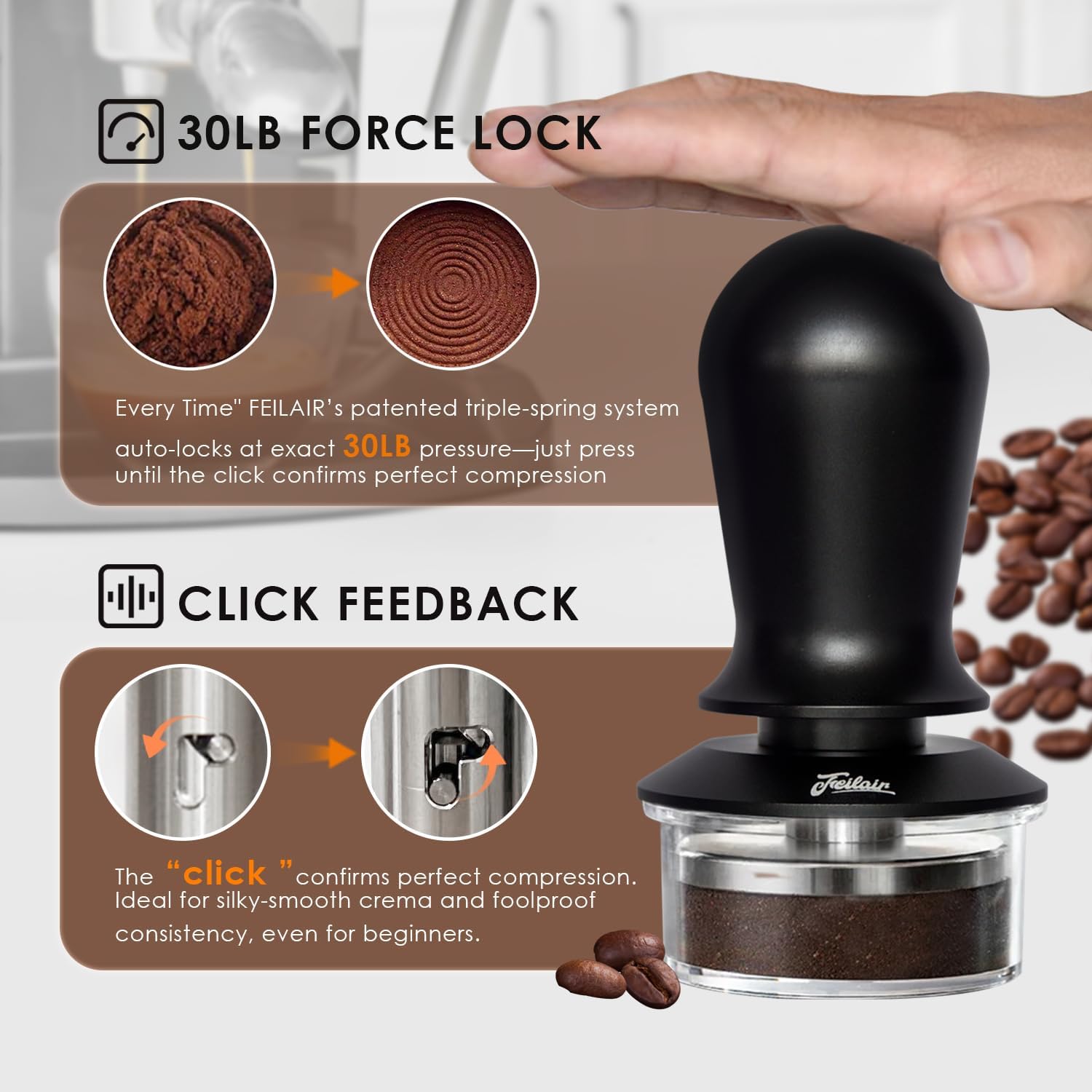 53mm Espresso Tamper, Spring Loaded Self Leveling Coffee Tamper | Audible click signals perfect 30lb pressure;