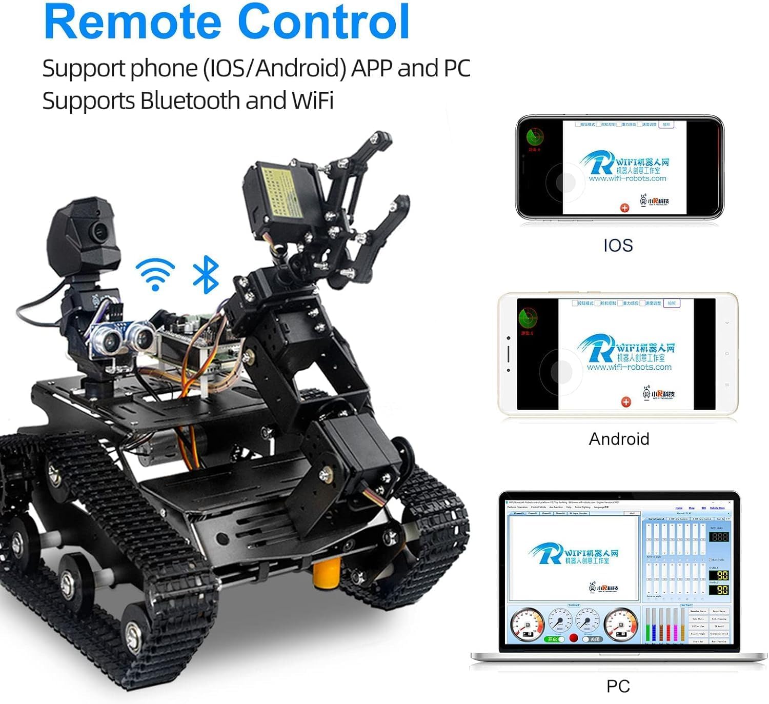 Smart WiFi Robot Kit with Raspberry Pi 5, 4DOF Robotic Arm Track Tank Chassis Robot Car with 2DOF HD Camera