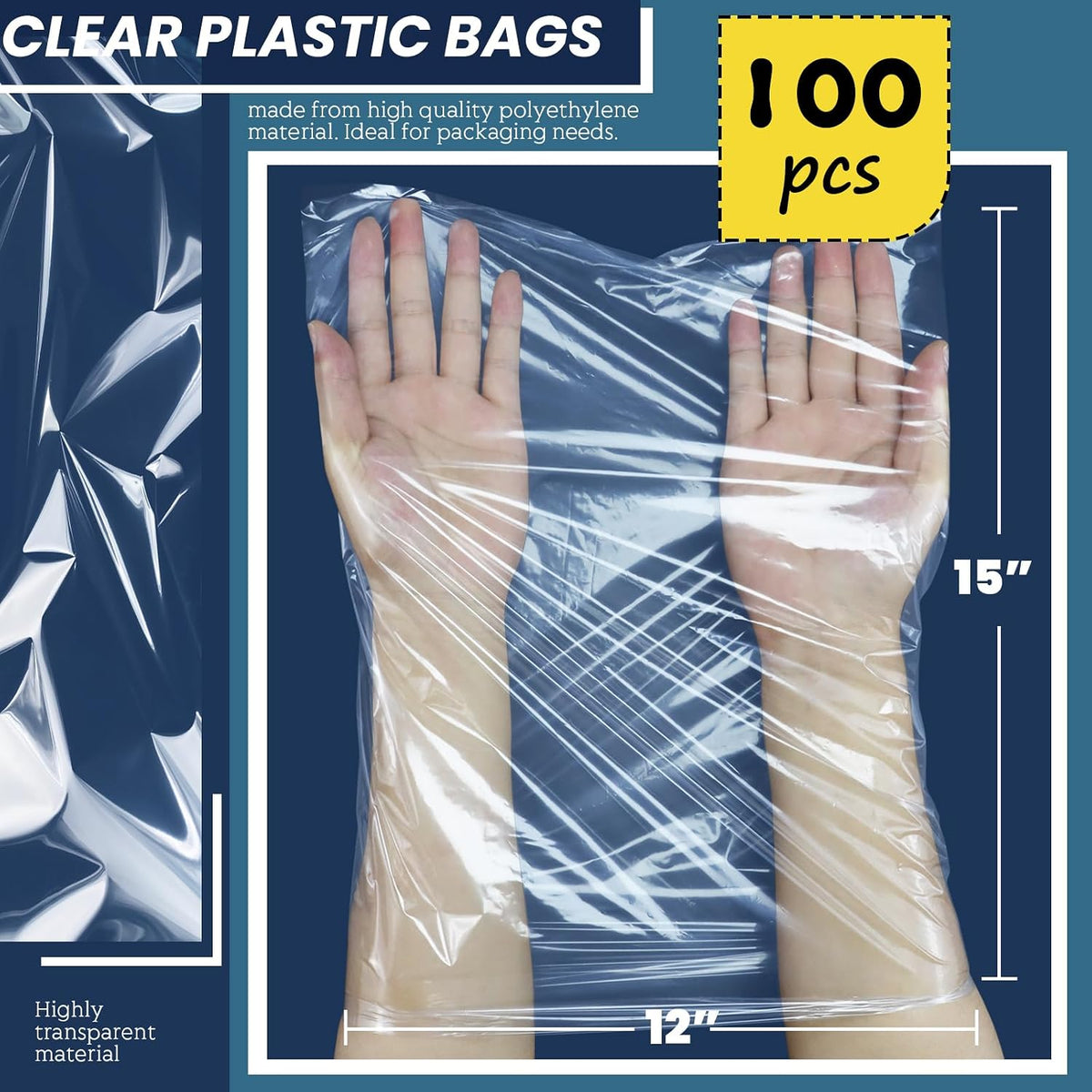 100 Pack 12 x 15 inch 1 Mil Clear Plastic Flat Poly Bags