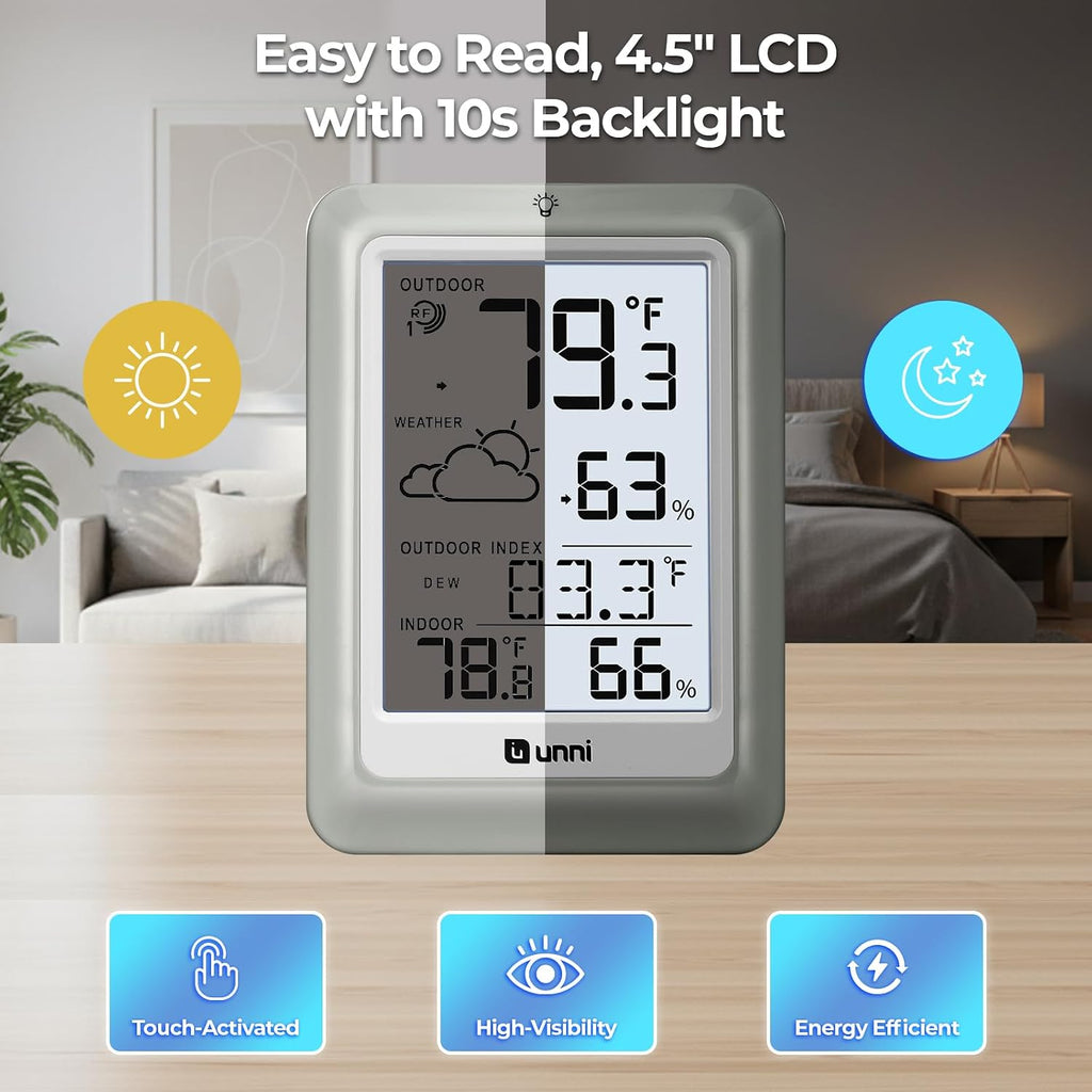 Indoor Outdoor Thermometer Hygrometer Wireless Weather Station, Temperature Humidity Monitor Battery Powered Inside