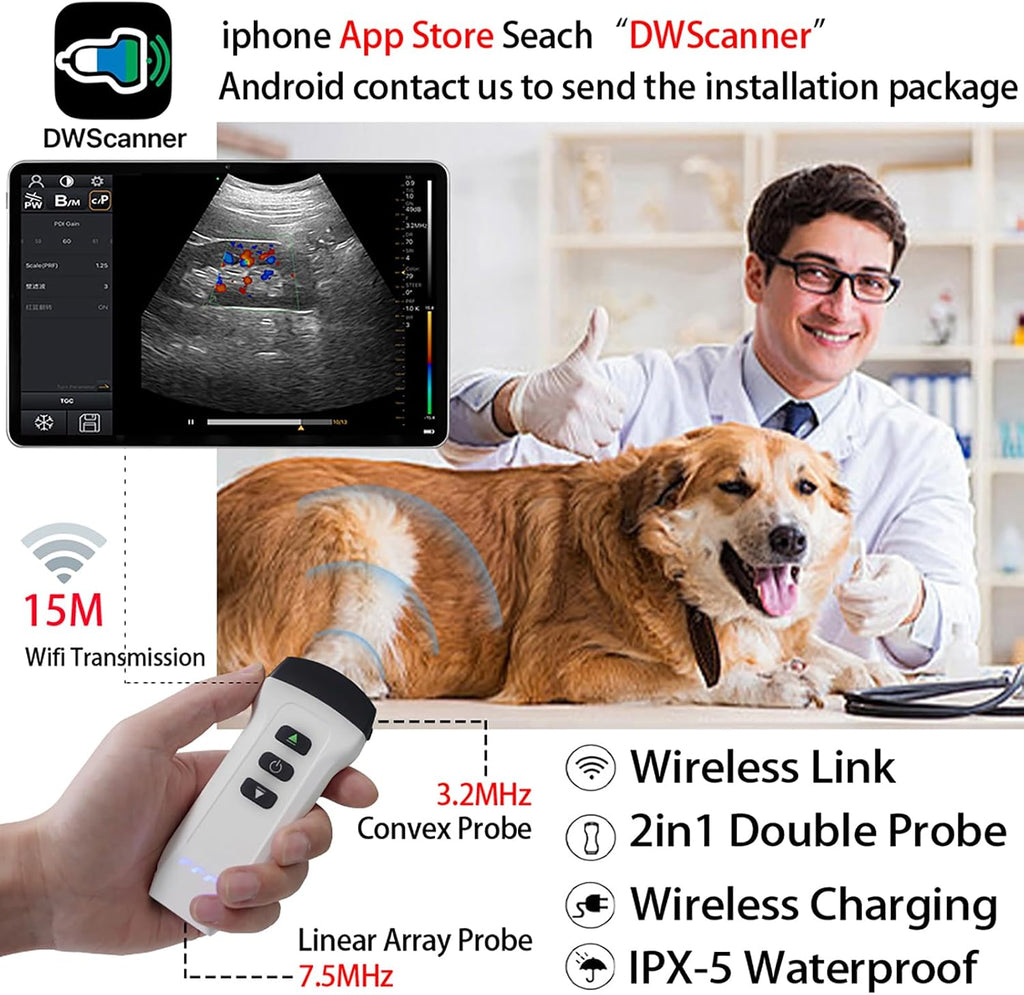Dual Probe Veterinary Color Doppler Ultrasound Machine, Wireless Handheld Scanner for Pregnancy & Organ Exam in Dog
