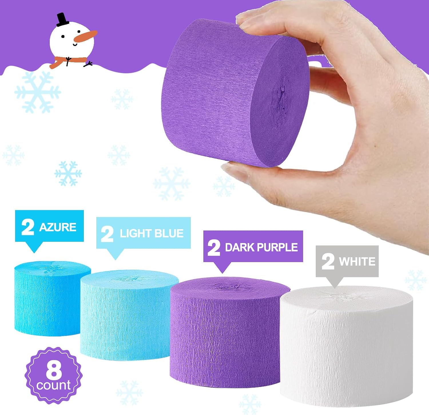 Frozen Birthday Party Decorations, 8 Rolls Purple Blue White Crepe Paper Streamers for Winter Princess Christmas