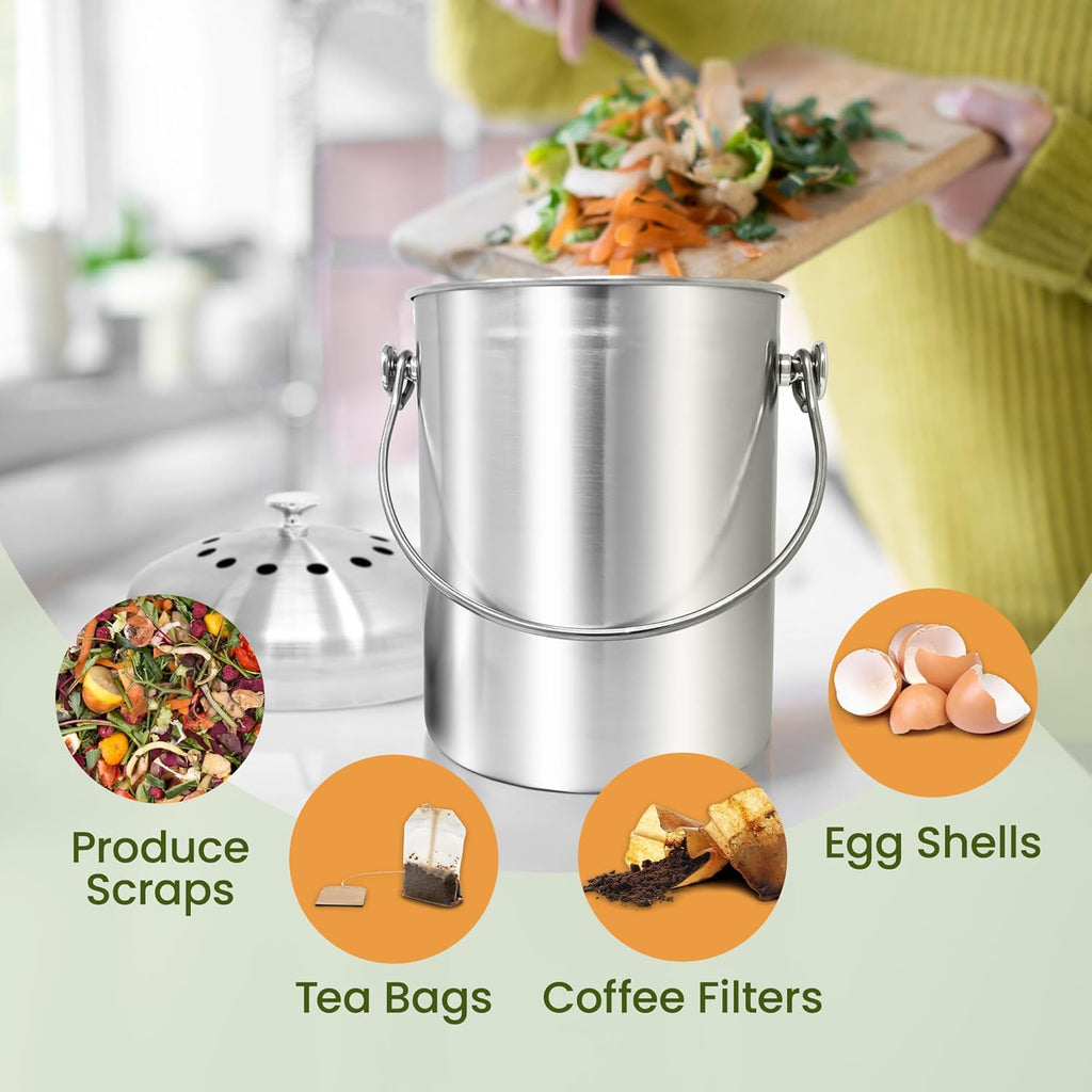 1.3 Gallon Stainless Steel Compost Bin for Kitchen | Charcoal Filters | Silver, Indoor Composting Bin with Charcoal
