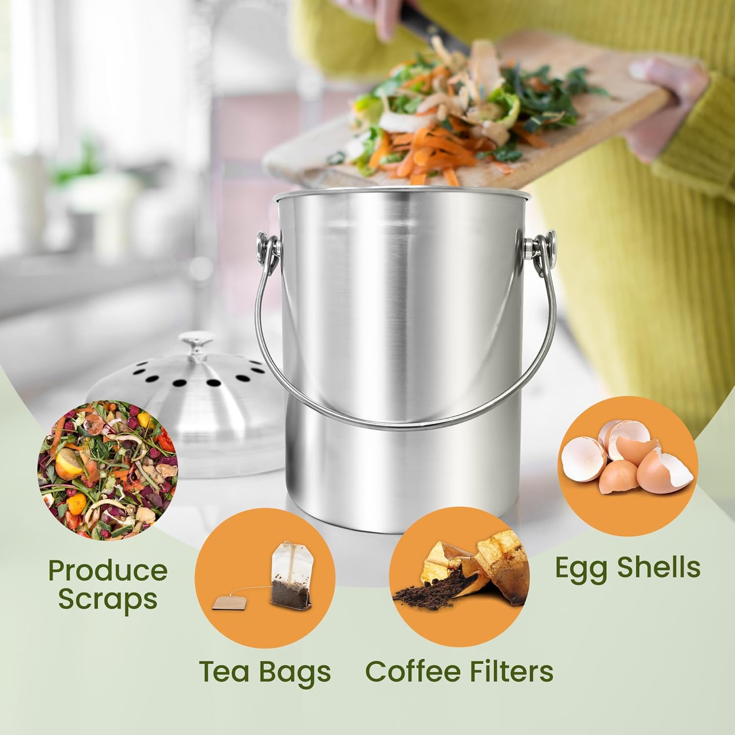 1.3 Gallon Stainless Steel Compost Bin for Kitchen | Charcoal Filters | Silver, Indoor Composting Bin with Charcoal