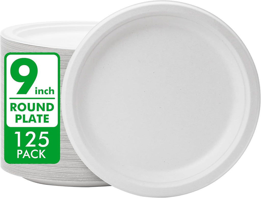 Compostable Paper Plates 9 Inch [125 Pack]