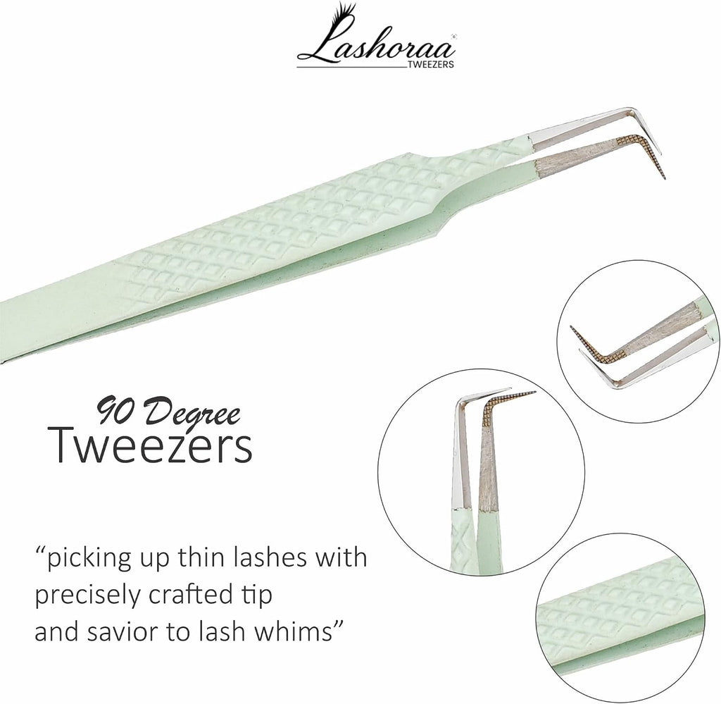 Lash Tweezers Set for Eyelash Extensions - 3 Piece Precision Fiber Tip Diamond Grip, Volume, L-Shape Boot, 90 Degree