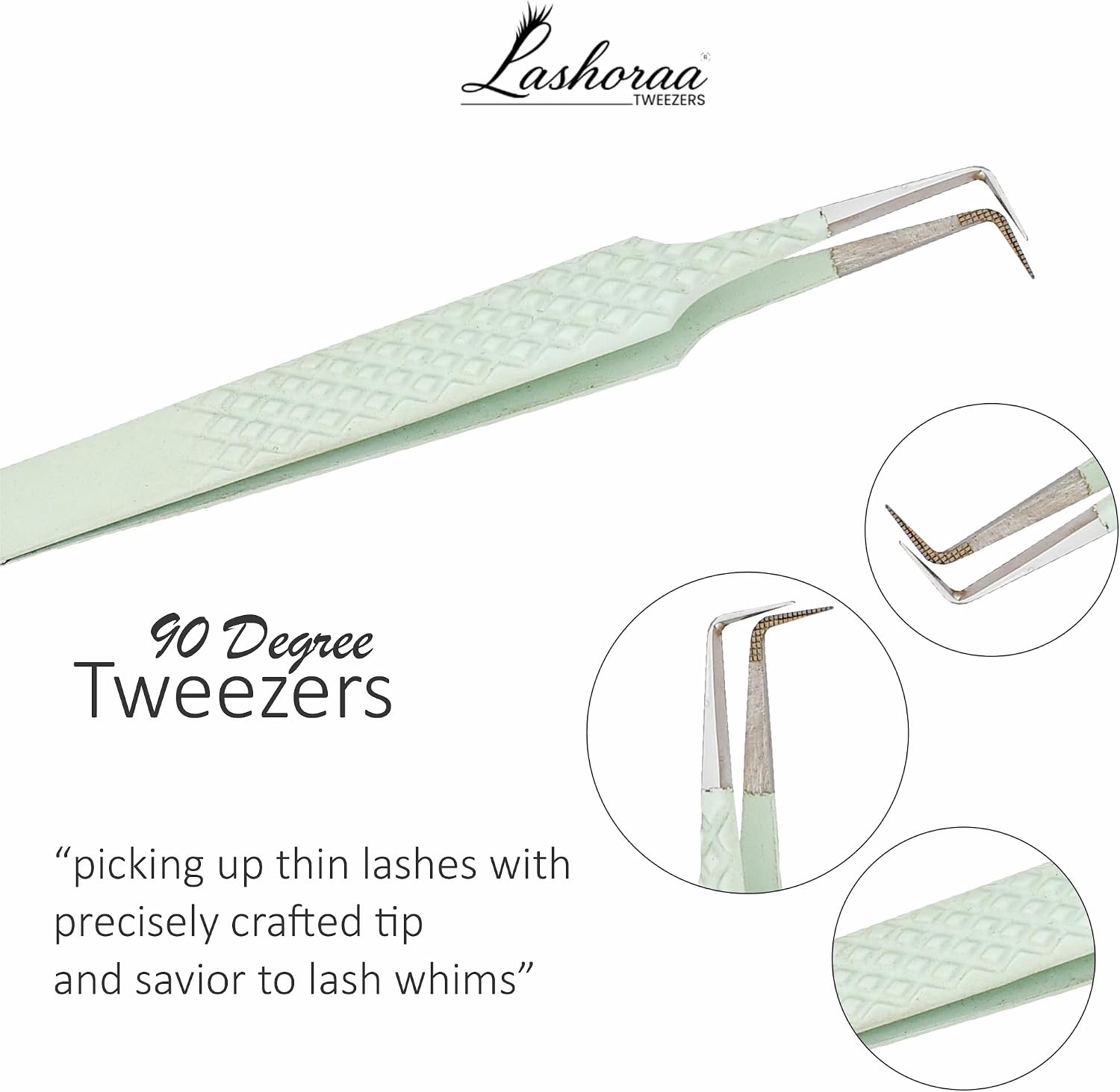 Lash Tweezers Set for Eyelash Extensions - 3 Piece Precision Fiber Tip Diamond Grip, Volume, L-Shape Boot, 90 Degree