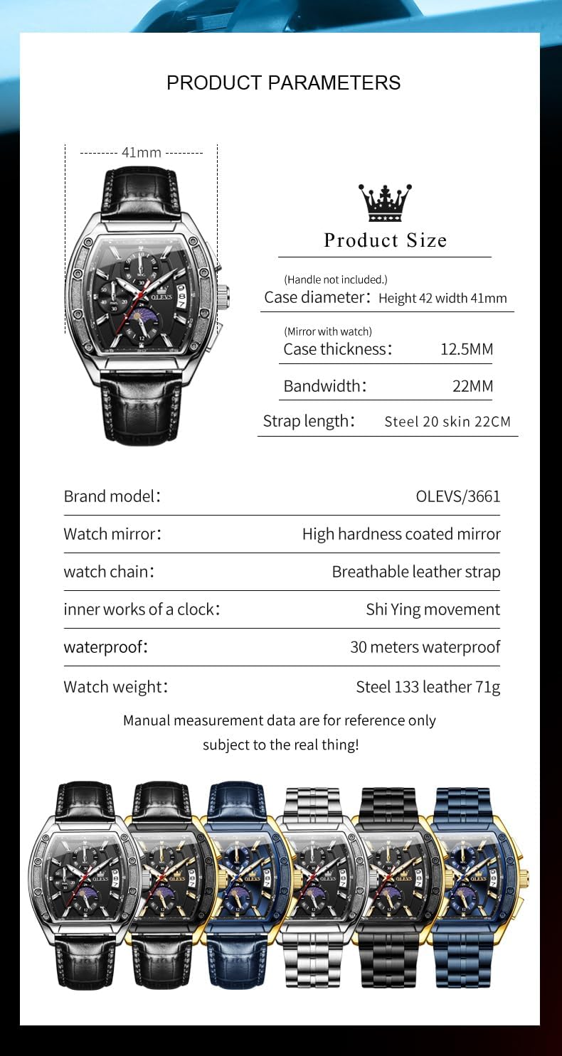 Mens Watches Analog Quartz Chronograph Square Dress Watch for Man Stainless Steel or Leather Band Waterproof Luminous