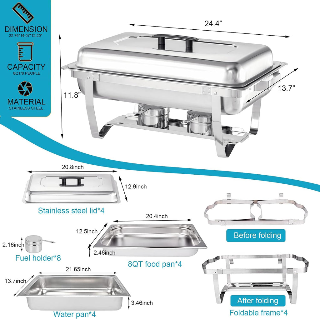Chafing Dish Buffet Set 4 Packs,9 Quart Stainless Steel Foldable Rectangular Chafing Full Size Food Pan,Chafing