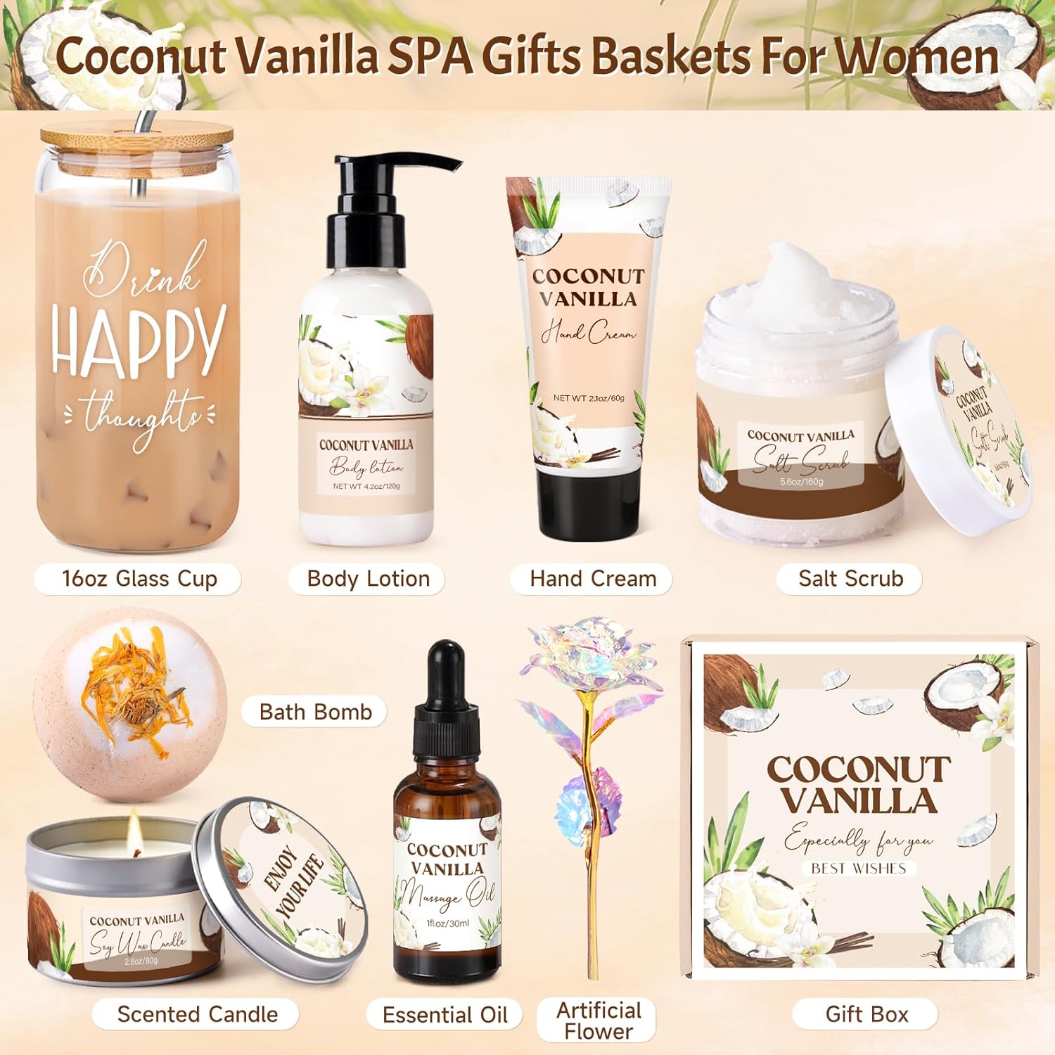Spa Gift Baskets for Women, Vanilla Coconut Bath and Body Gifts Set for Women, Home Spa Self Care Gift, Relaxing Bath