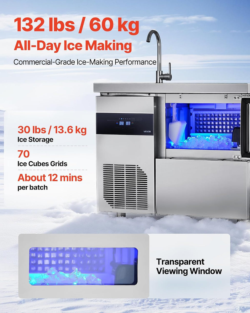 Commercial Ice Maker Machine, 132 lbs/24H Stainless Steel Worktop Ice Machine with Sink, 30 lbs Storage & 70