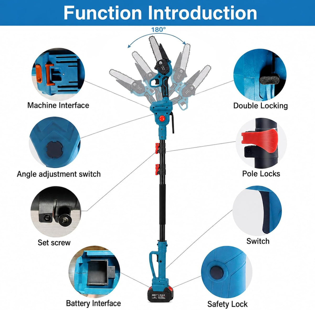 Full-size 6-Inch 4-in-1 Cordless Pole Saw & Mini Chainsaw, 21V Brushless Electric Tree Trimmer with 15FT Reach