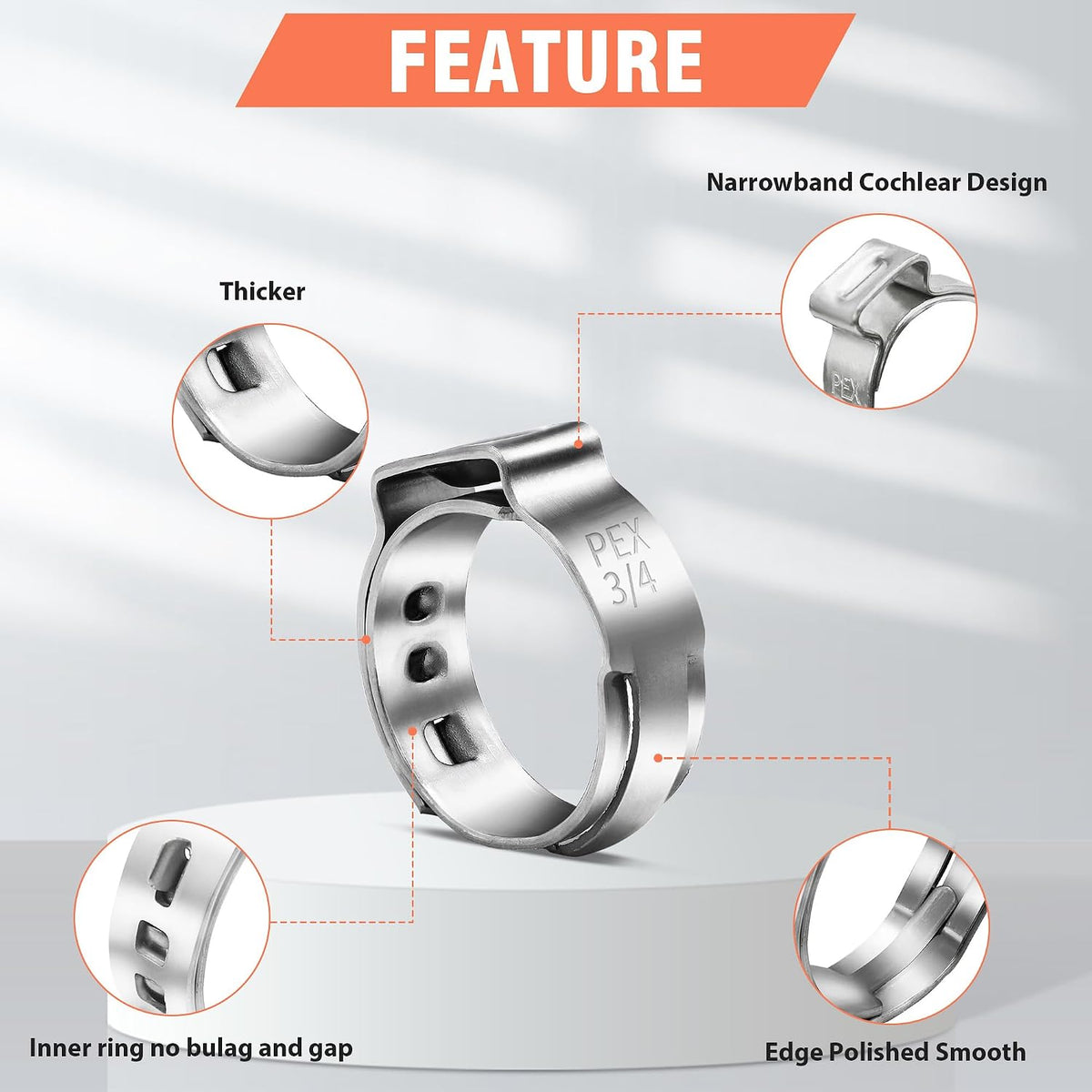 60pcs 3/4 inch PEX Cinch Clamps Rings, 304 Stainless Steel Single Ear Hose Clamps, Pex Crimp Rings for PEX Tubing Pipe Fitting Connections
