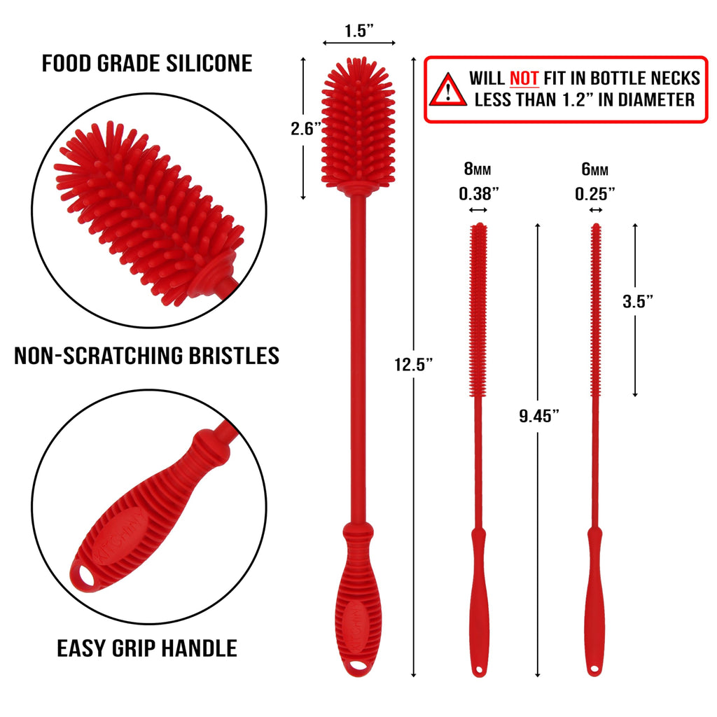 Silicone Bottle Brush 12.5 inch with 2 Straw Cleaners – Red