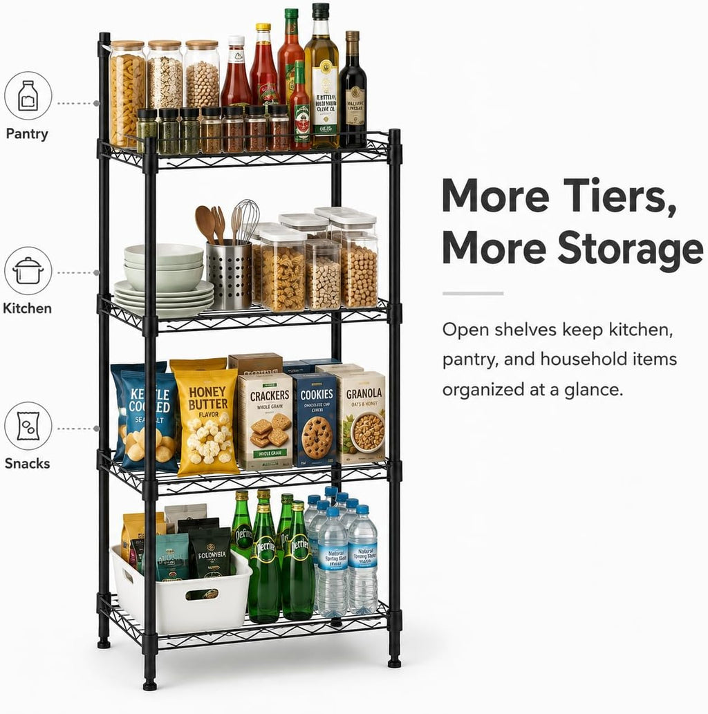 4 Tier Storage Shelves, Metal Wire Shelving Unit, Heavy Duty Adjustable Shelf Rack for Pantry, Kitchen, Garage and