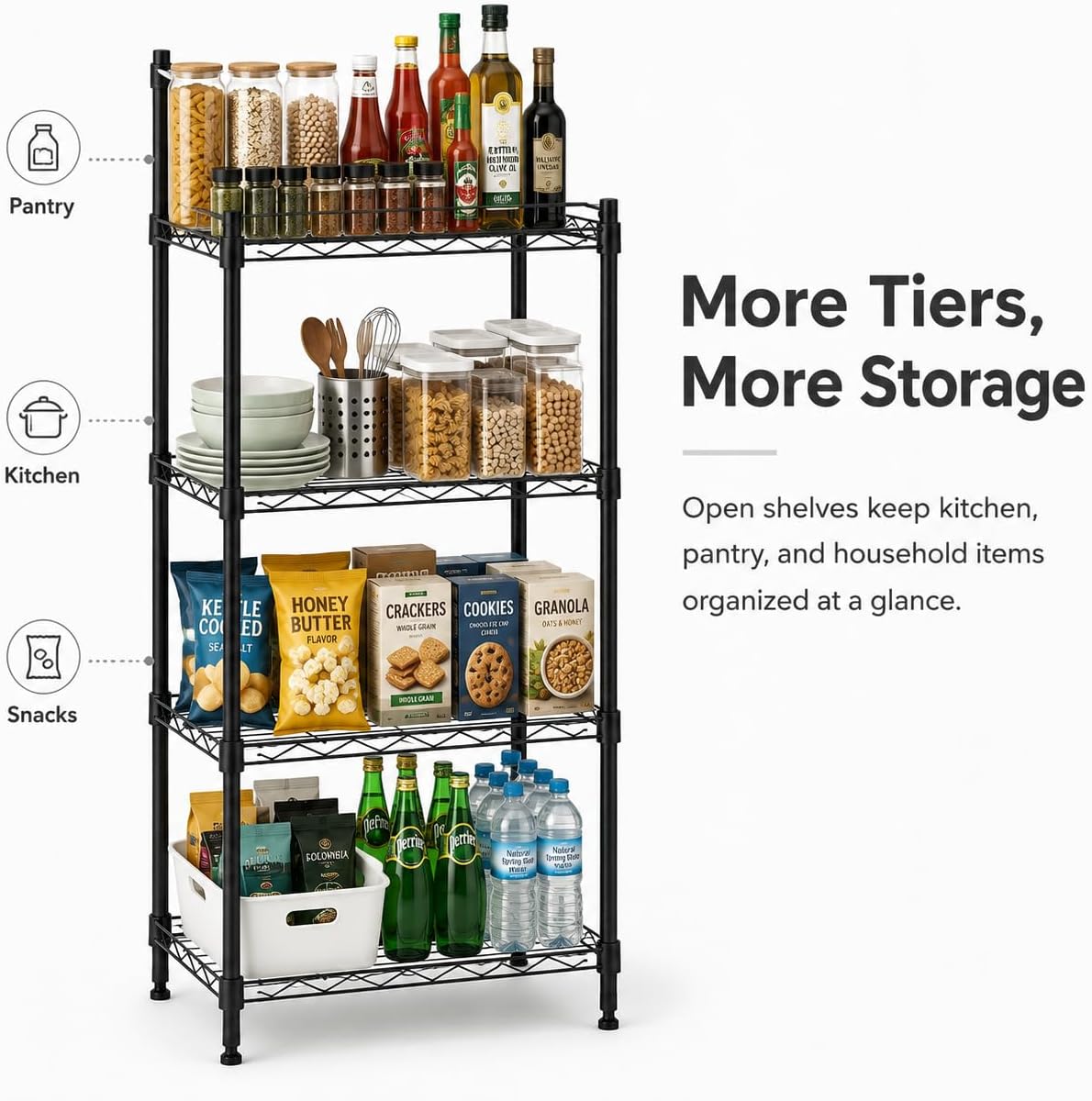 4 Tier Storage Shelves, Metal Wire Shelving Unit, Heavy Duty Adjustable Shelf Rack for Pantry, Kitchen, Garage and