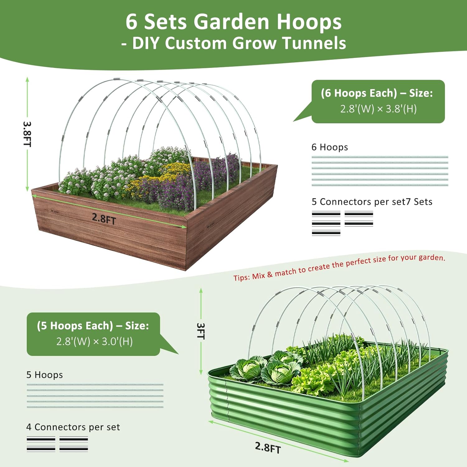 Greenhouse Hoops for Raised Beds, 36pcs Rust-Free Fiberglass Garden Hoops Grow Tunnel Wide, 8FT Heavy Duty Plant
