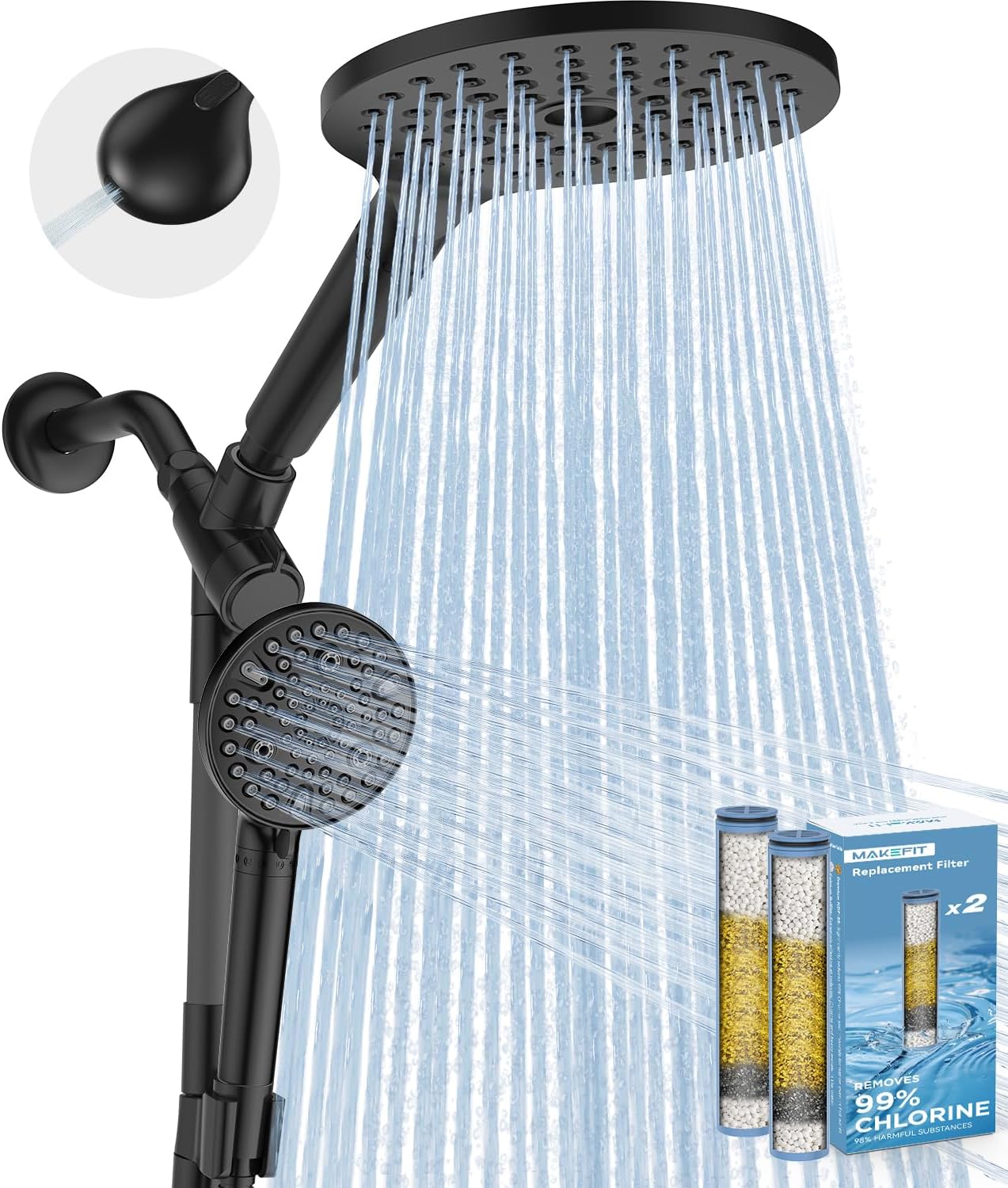 Dual Filtered Rain Shower Head Combo, High Pressure Handheld Shower Head with Adjustable Bar - Rainfall Shower Head