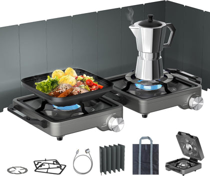 27000 BTUs 2 Burner Folding Camp Stove, Propane Gas Stove for Camping | Windshield, Portable Camping Stove Propane